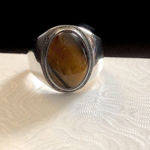 VINTAGE Tigers Eye Sterling Silver Cabochon Ring Sz 14-1/2